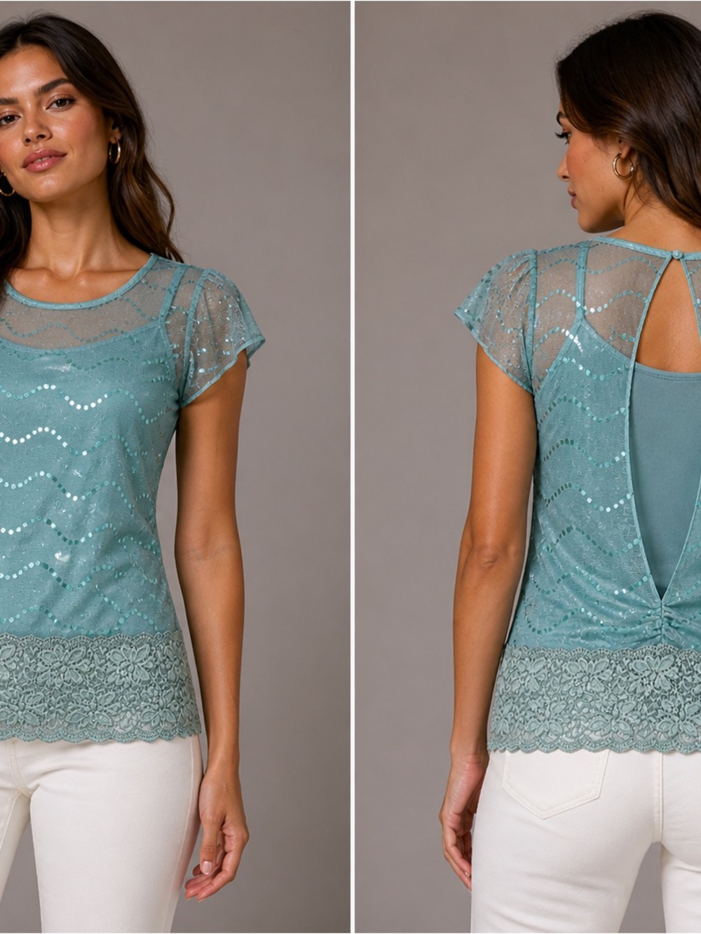 Women's Teal Lace & Sequin Short Sleeve Blouse